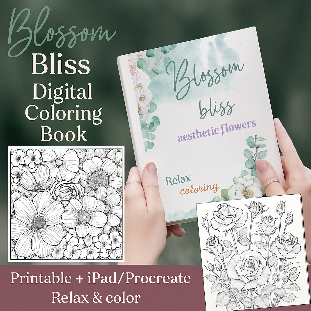 Blossom Bliss- Digital Coloring Book (Printable + iPad/Procreate ready)